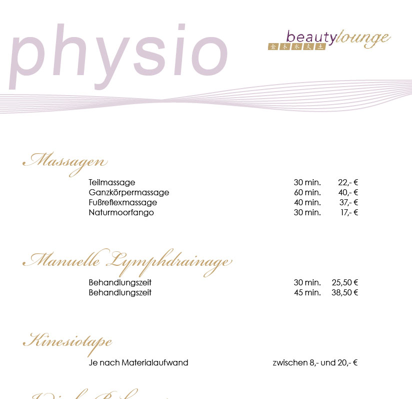 Preisliste Physiotherapie und Krankengymnastik